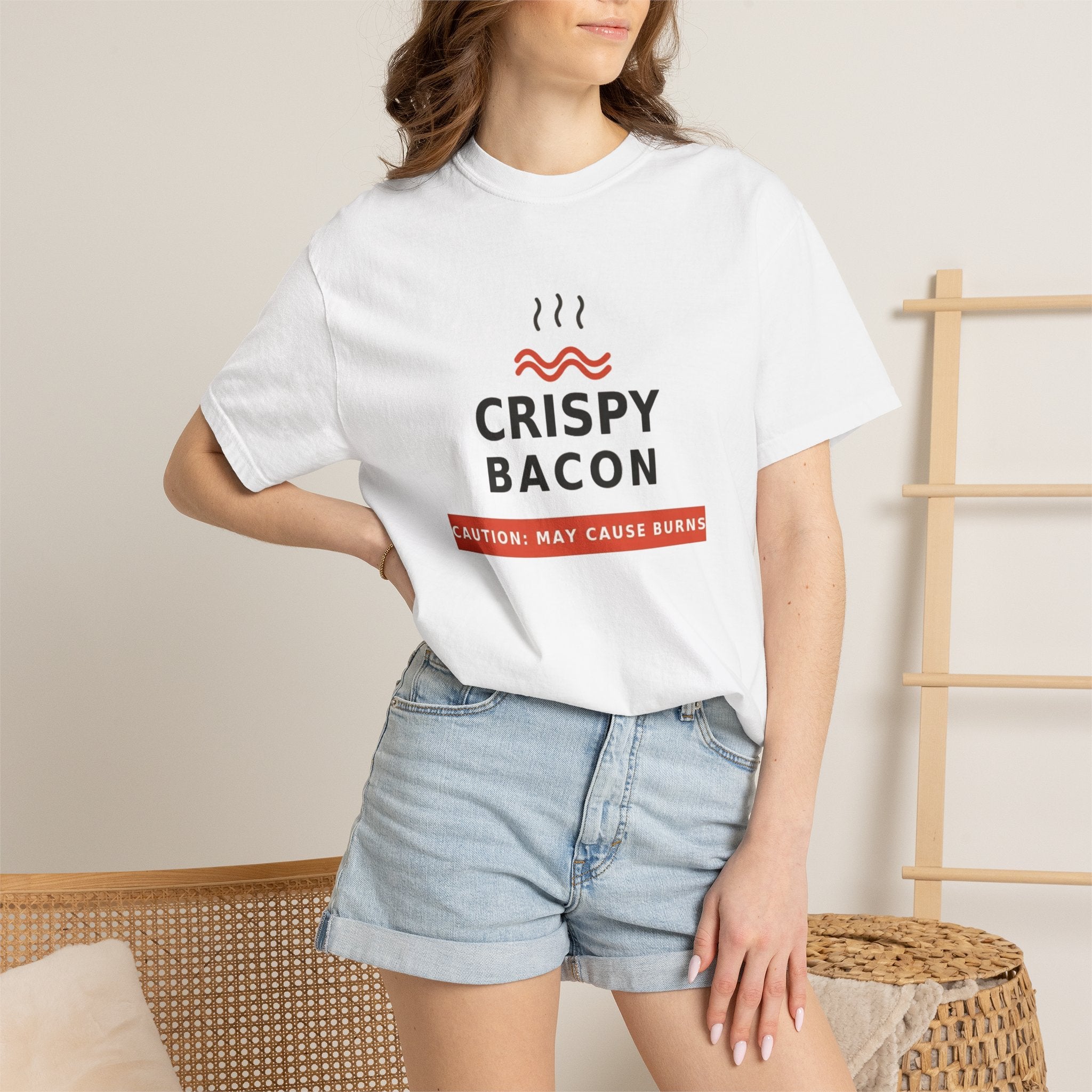 Crispy Bacon T-Shirt — 'Caution: May Cause Burns' Graphic Tee